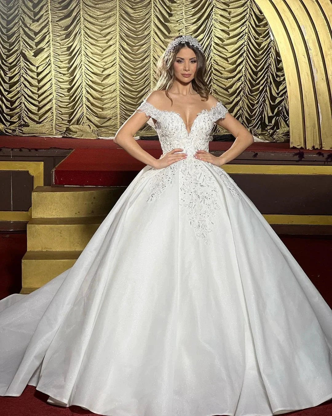 Charming Floor Length Off-The-Shoulder A Line Satin Wedding Dress with Ruffles (ZD14825)