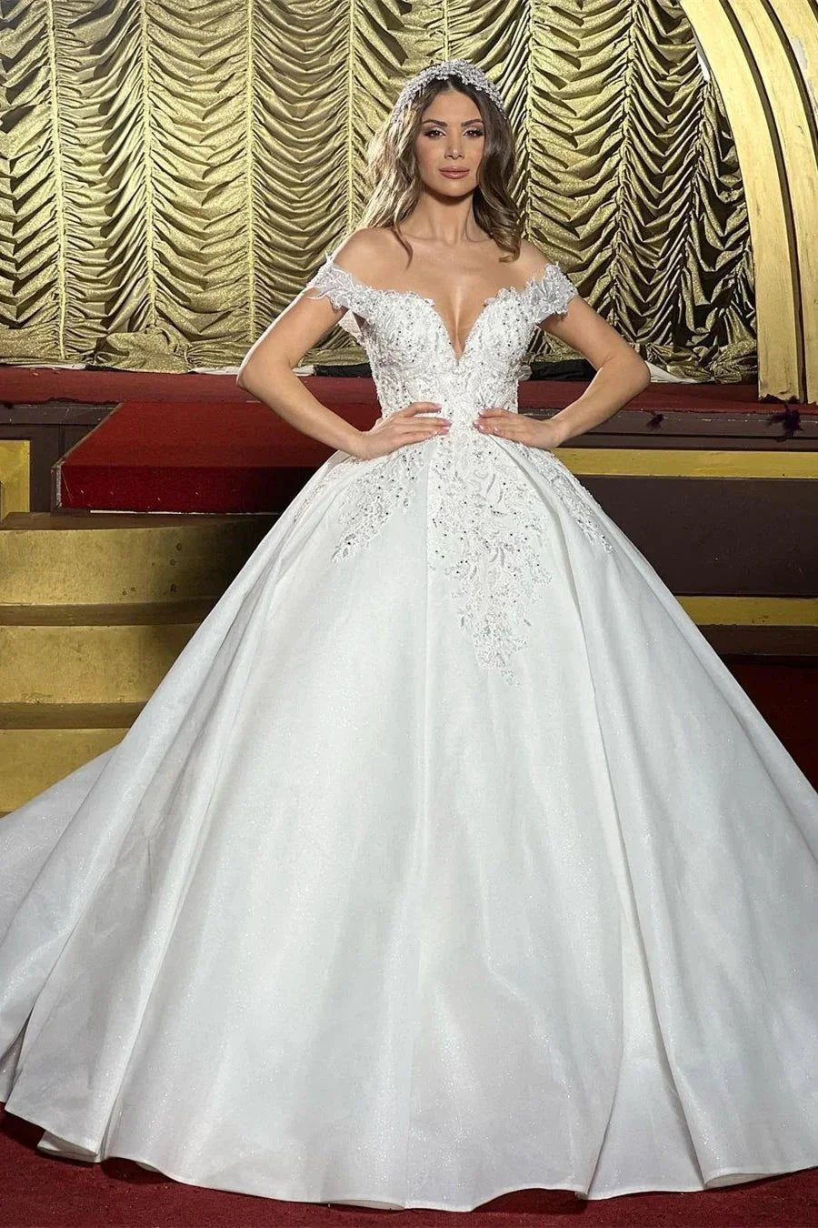 Charming Floor Length Off-The-Shoulder A Line Satin Wedding Dress with Ruffles (ZD14825)