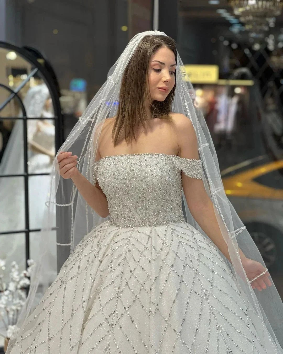 Charming Floor Length Off-The-Shoulder A-Line Sequined Wedding Dress with Court Train (ZD14793)