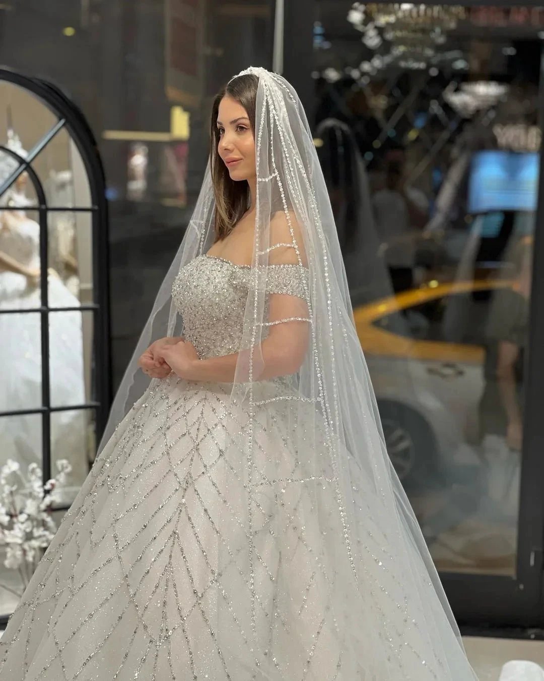 Charming Floor Length Off-The-Shoulder A-Line Sequined Wedding Dress with Court Train (ZD14793)