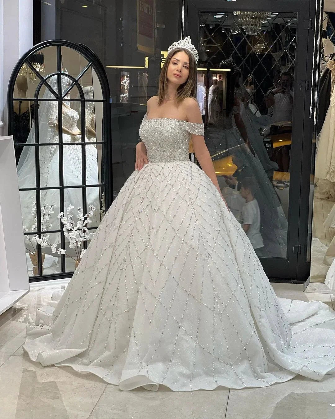 Charming Floor Length Off-The-Shoulder A-Line Sequined Wedding Dress with Court Train (ZD14793)