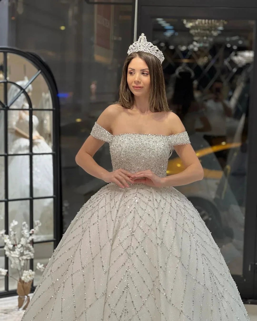 Charming Floor Length Off-The-Shoulder A-Line Sequined Wedding Dress with Court Train (ZD14793)