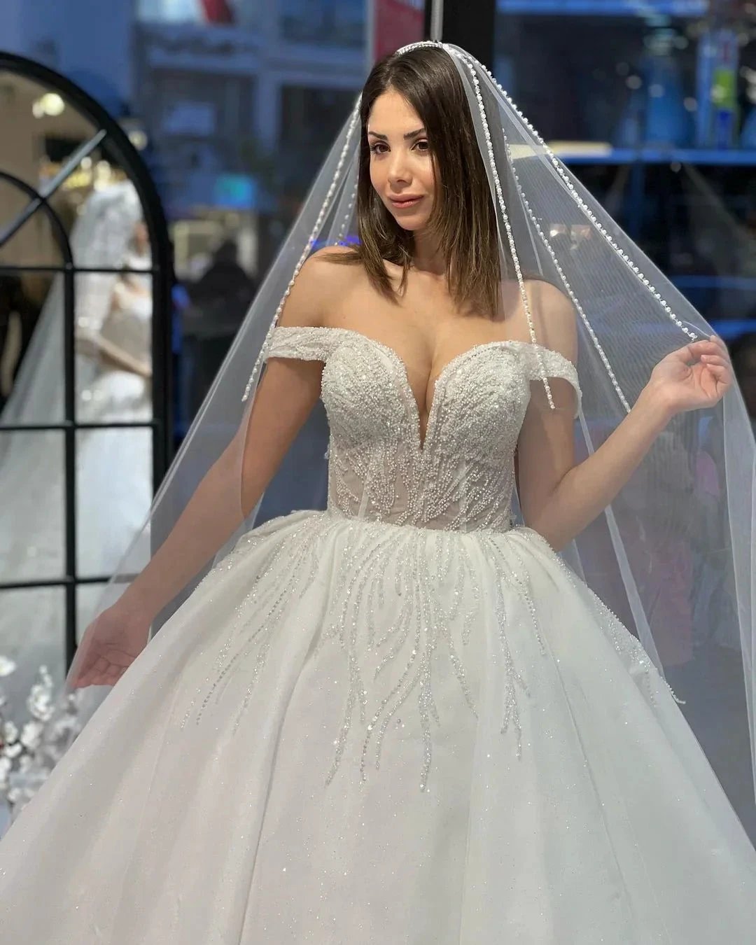 Charming Floor Length Sweetheart Off-The-Shoulder A-Line Lace Wedding Dress with Sequins (ZD14791)