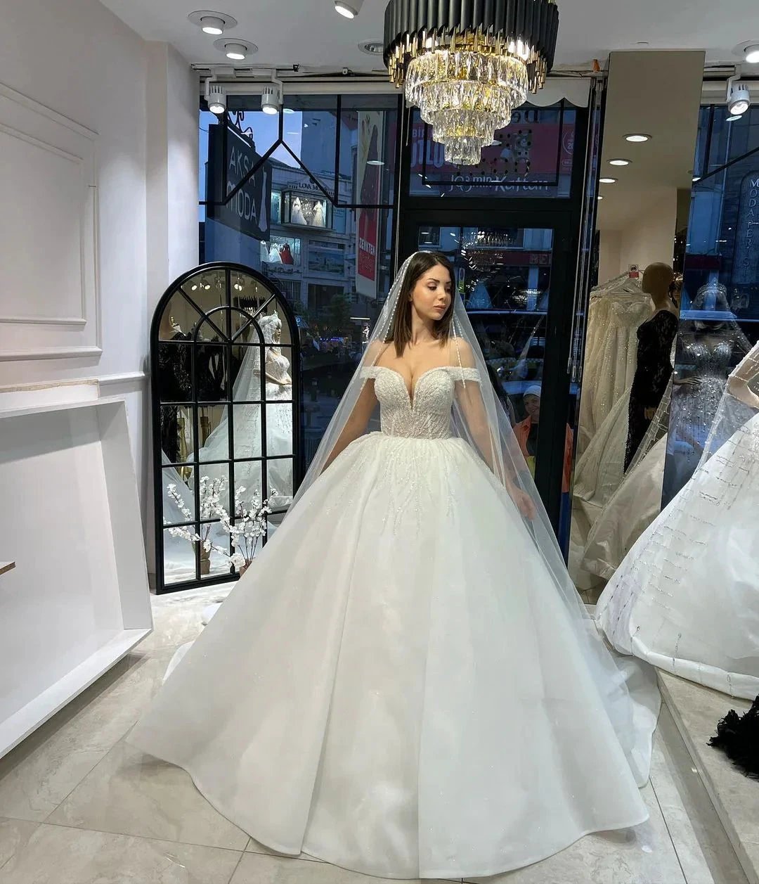 Charming Floor Length Sweetheart Off-The-Shoulder A-Line Lace Wedding Dress with Sequins (ZD14791)