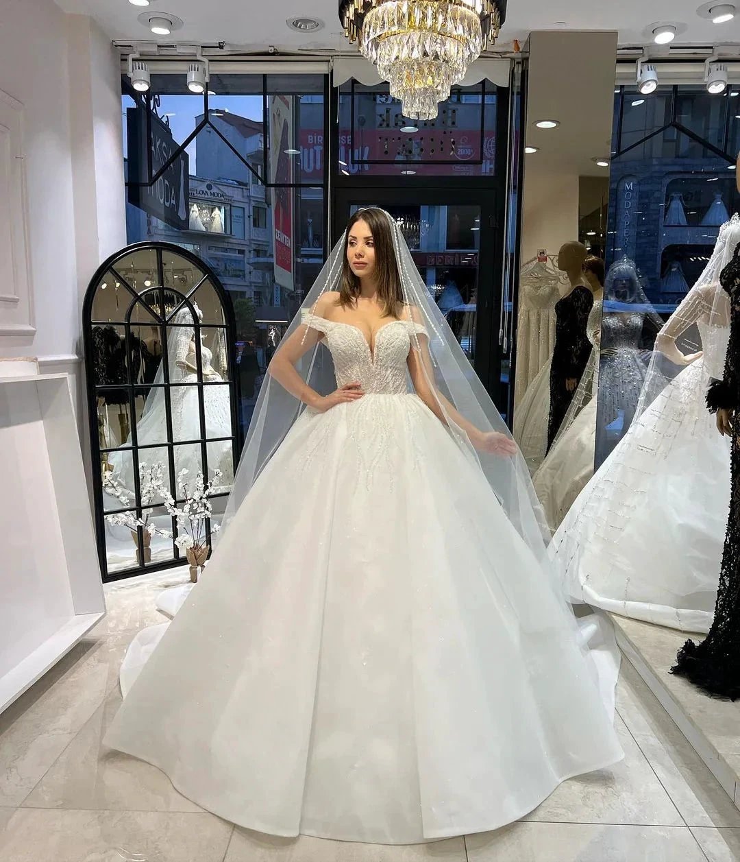 Charming Floor Length Sweetheart Off-The-Shoulder A-Line Lace Wedding Dress with Sequins (ZD14791) - View 6 | VelvetHem
