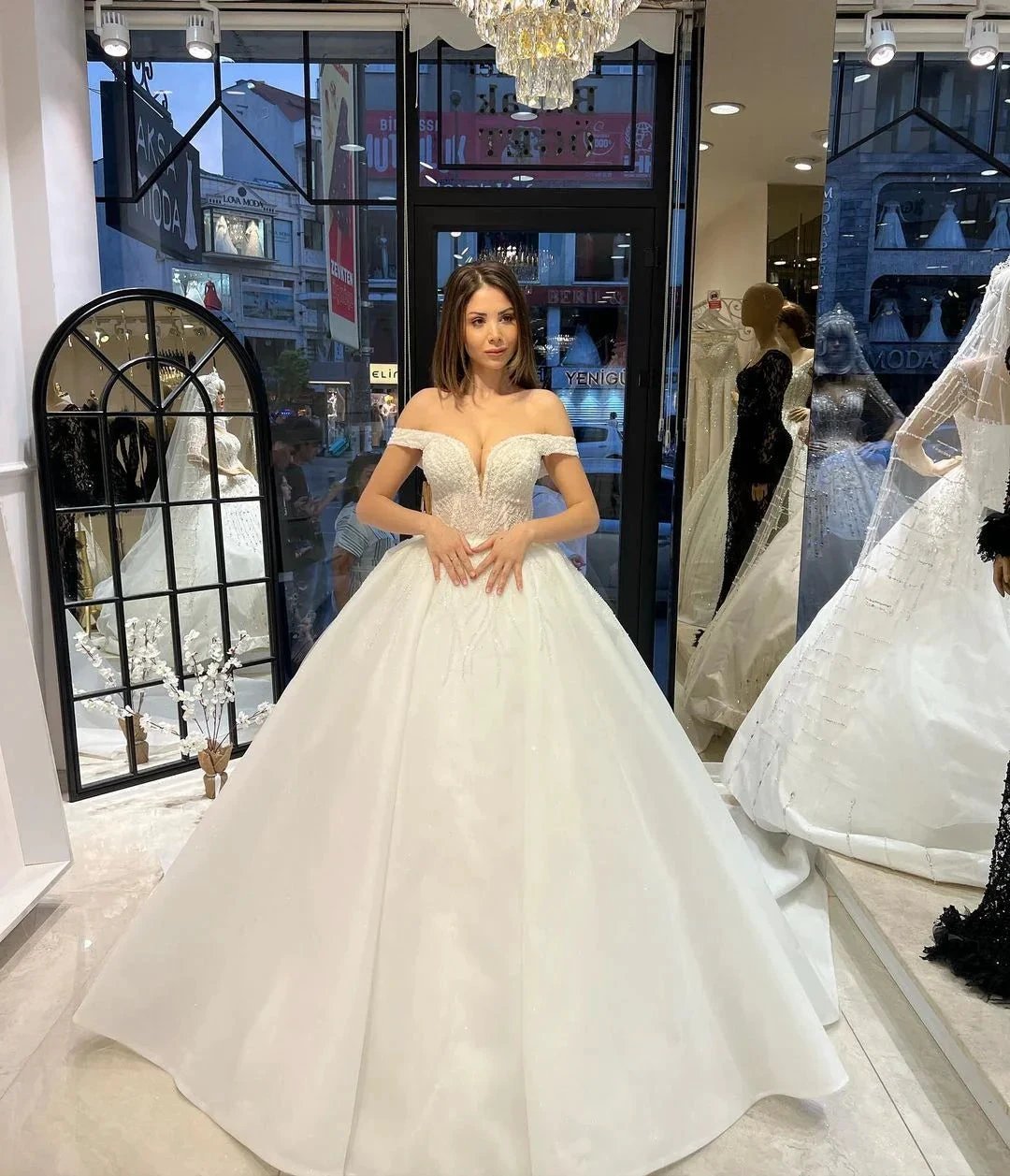 Charming Floor Length Sweetheart Off-The-Shoulder A-Line Lace Wedding Dress with Sequins (ZD14791)