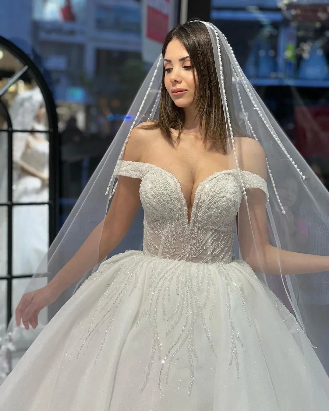 Charming Floor Length Sweetheart Off-The-Shoulder A-Line Lace Wedding Dress with Sequins (ZD14791)