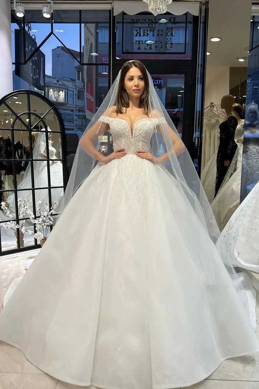 Charming Floor Length Sweetheart Off-The-Shoulder A-Line Lace Wedding Dress with Sequins (ZD14791)