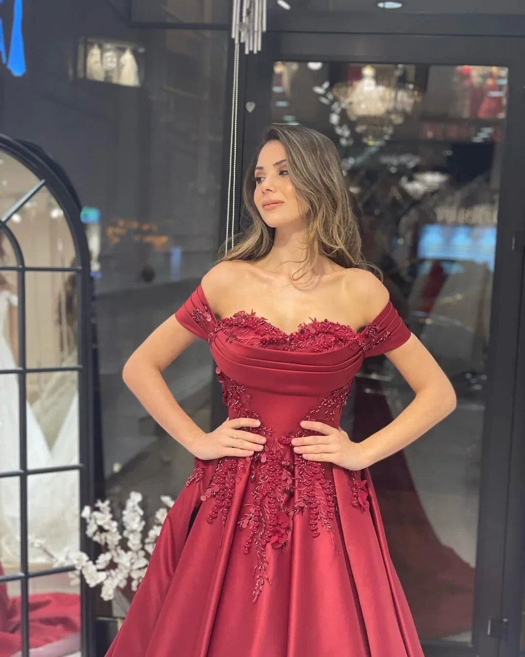 Charming Floor Length Sweetheart Off-The-Shoulder A-Line Satin Wedding Dress with Appliques (ZD14805)