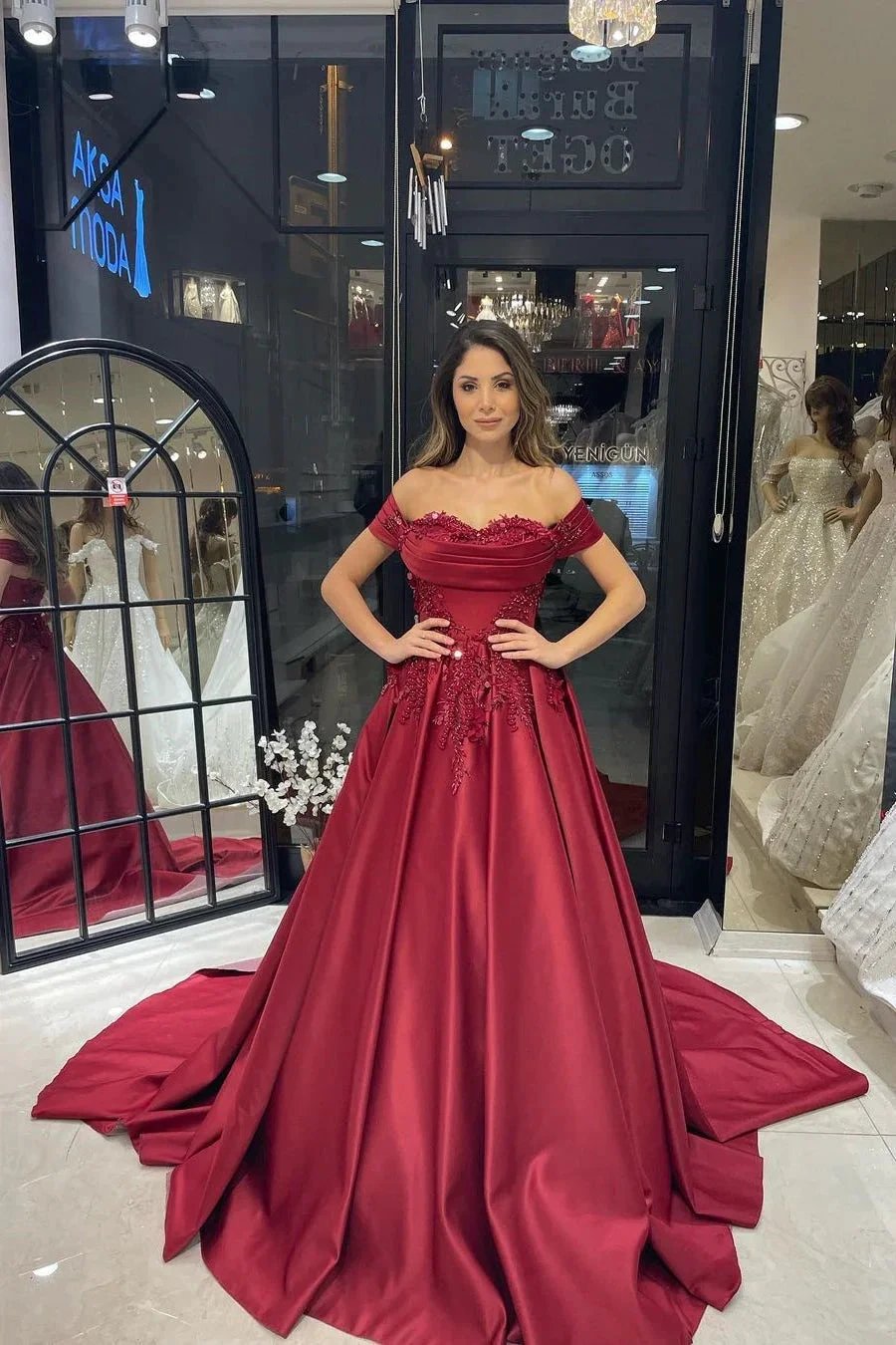 Charming Floor Length Sweetheart Off-The-Shoulder A-Line Satin Wedding Dress with Appliques (ZD14805)