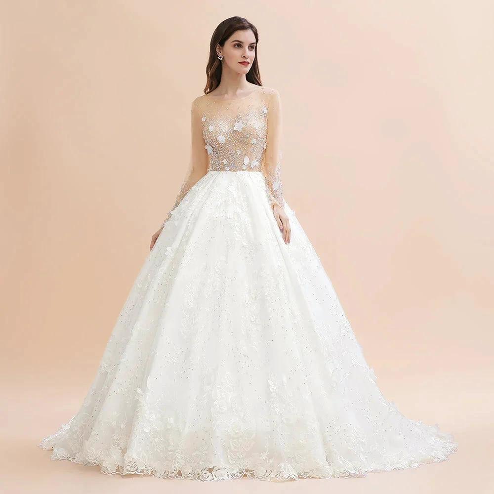 Charming Floral Lace Appliques Wedding Dress Gorgeous White Beads Bridal Gown (ZD13783)