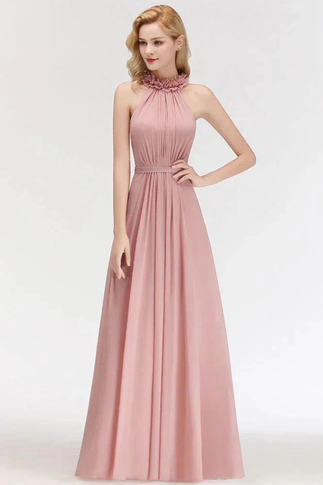 Charming Halter Sleeveless Ruffled Chiffon Bridesmaid Dresses Aline Evening Maxi Gown (ZD13035)