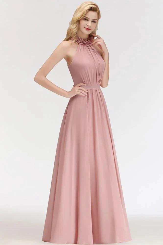 Charming Halter Sleeveless Ruffled Chiffon Bridesmaid Dresses Aline Evening Maxi Gown (ZD13035)