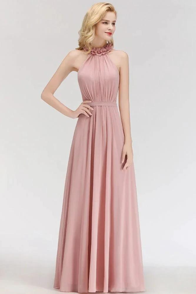 Charming Halter Sleeveless Ruffled Chiffon Bridesmaid Dresses Aline Evening Maxi Gown (ZD13035)