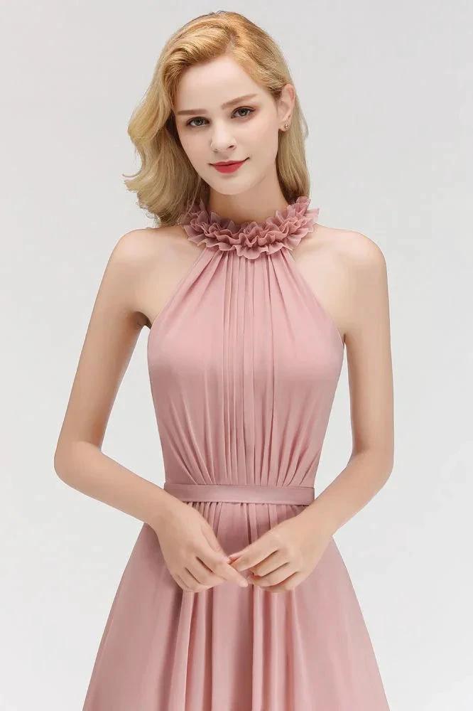 Charming Halter Sleeveless Ruffled Chiffon Bridesmaid Dresses Aline Evening Maxi Gown (ZD13035)