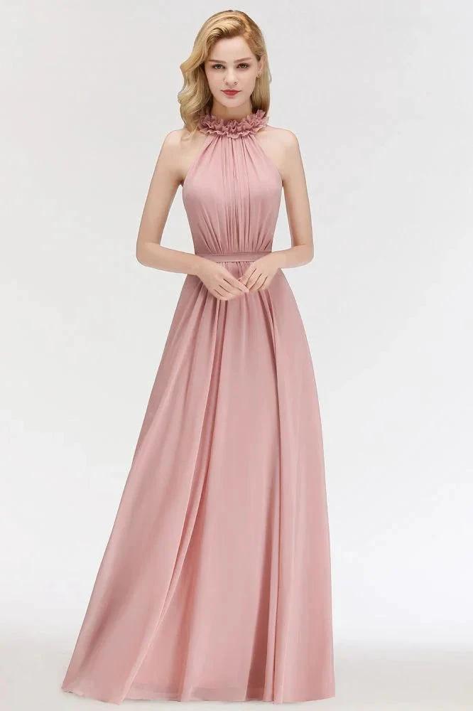 Charming Halter Sleeveless Ruffled Chiffon Bridesmaid Dresses Aline Evening Maxi Gown by misshow.com