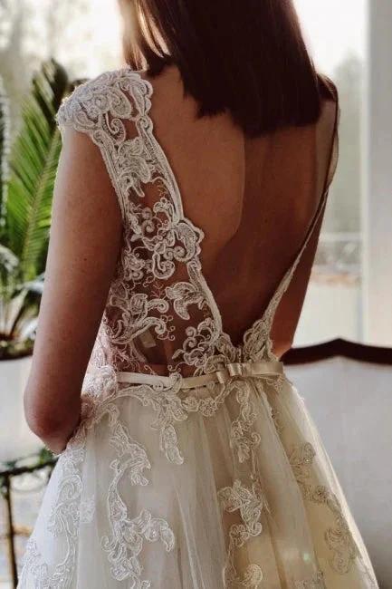 Charming Ivory A-Line Floor Length V-Neck Garden Lace Wedding Dress (ZD14894)
