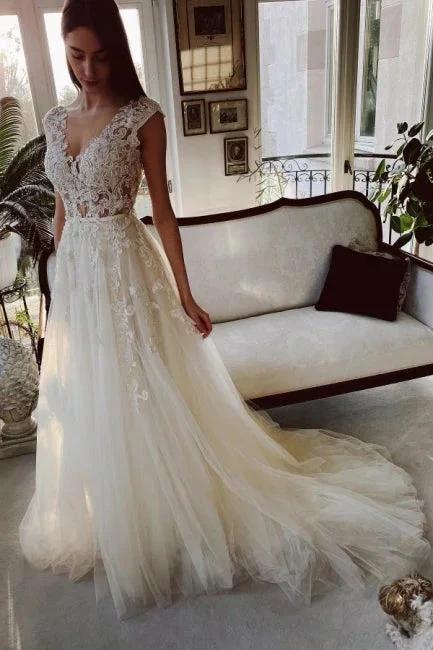 Charming Ivory A-Line Floor Length V-Neck Garden Lace Wedding Dress (ZD14894)