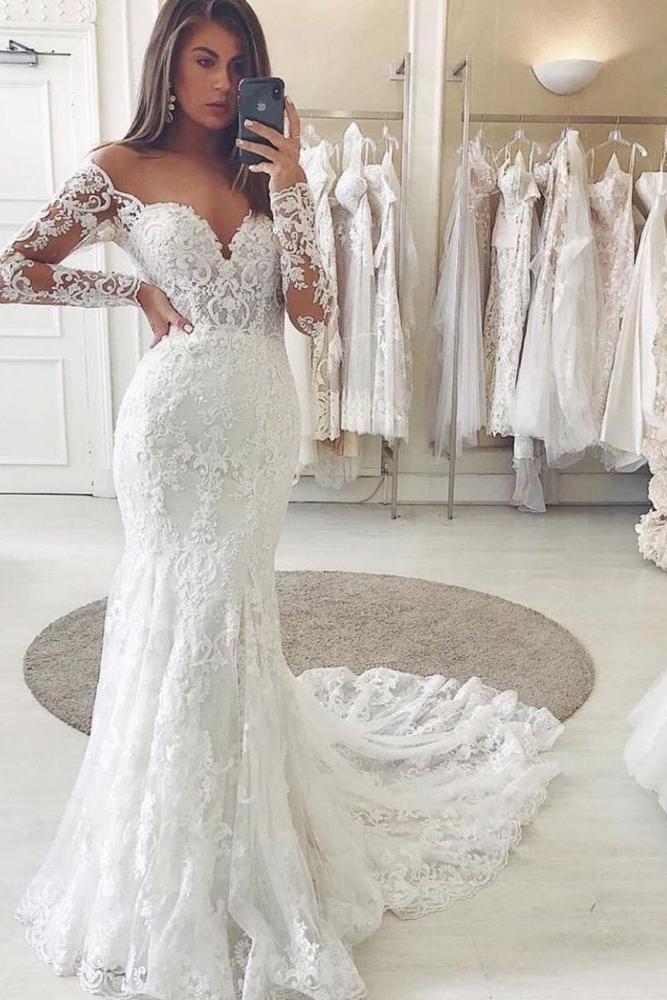 Charming Lace Appliques Mermaid Wedding Gown Long Sleeves Sweetheart Bridal Dress