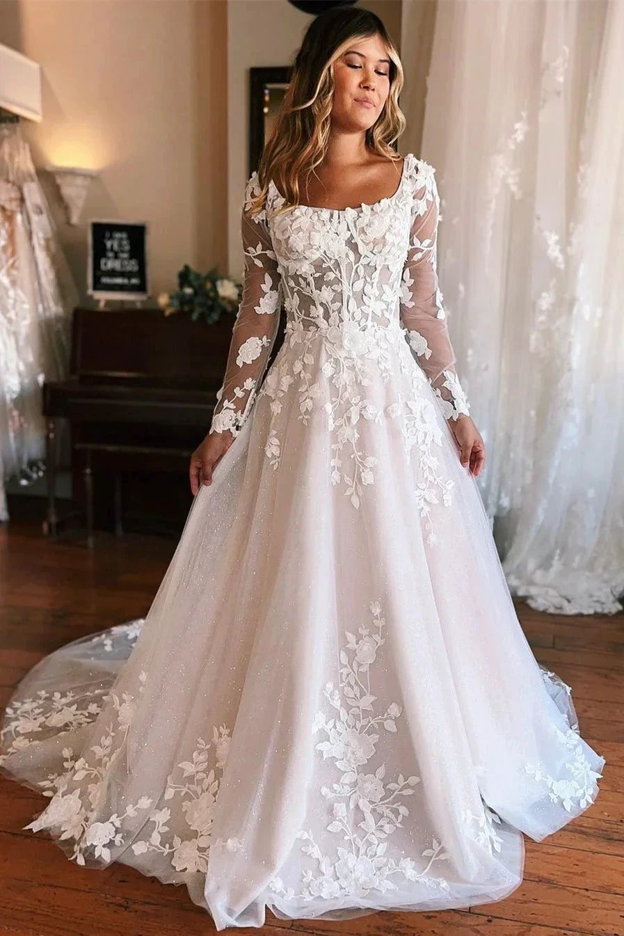 Charming Long A-line Appliques Long Sleeves Wedding Dress With Train (ZD15691)