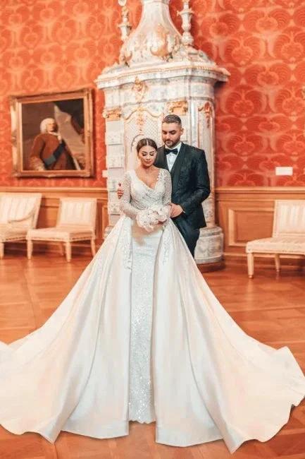 Charming Long A-line Lace Sequined Beading Long Sleeves Wedding Dresses With Detachable Train (ZD15633)