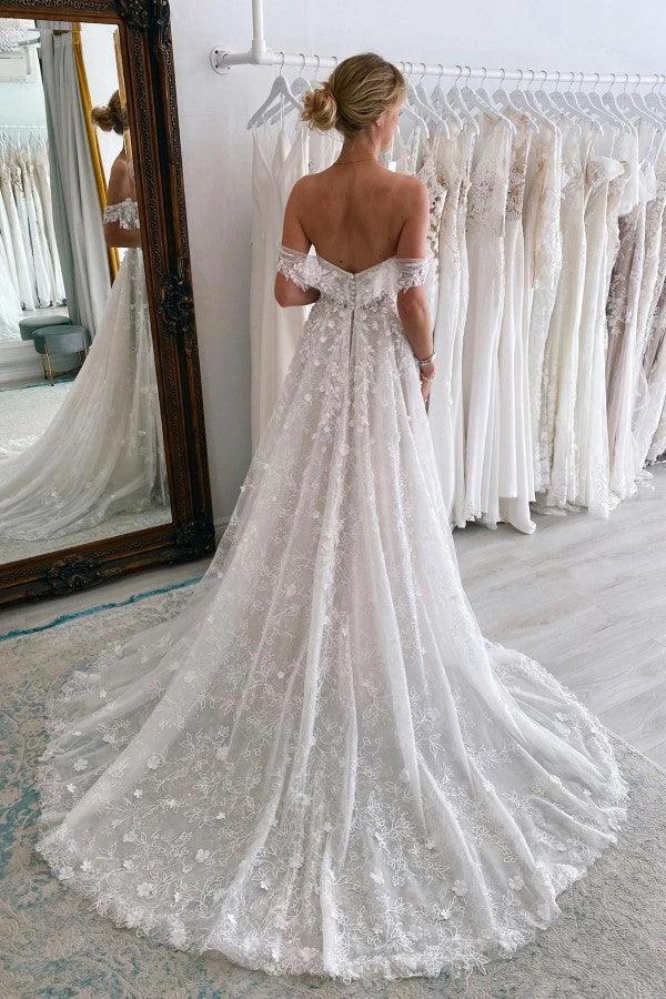 Charming Long A-line Off-The-Shoulder Sleeveless Lace Wedding Dress with Court Train (ZD16699)