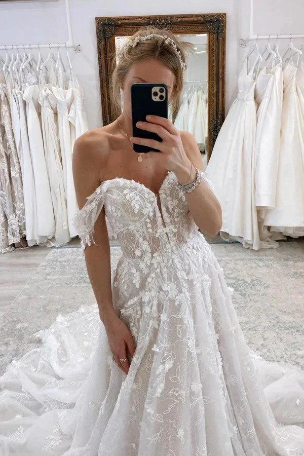 Charming Long A-line Off-The-Shoulder Sleeveless Lace Wedding Dress with Court Train (ZD16699)