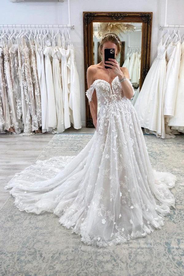 Charming Long A-line Off-The-Shoulder Sleeveless Lace Wedding Dress with Court Train (ZD16699)