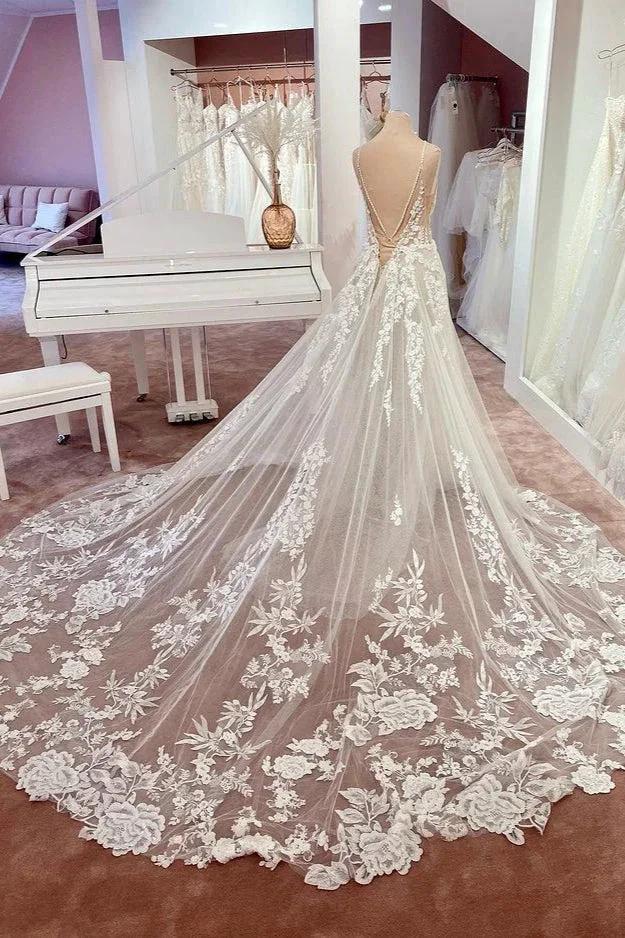 Charming Long A-Line Spaghetti Straps Appliques Lace Tulle Backless Wedding Dress (ZD15219)