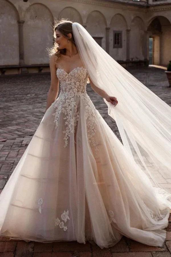 Charming Long A-Line Sweetheart Backless Train Tulle Floral Lace Wedding Dress (ZD14307) - VelvetHem