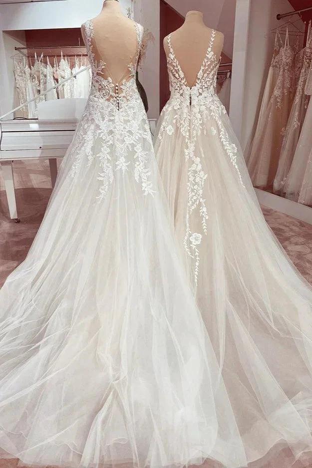 Charming Long A-Line V-neck Appliques Lace Tulle Wedding Dress (ZD15204)