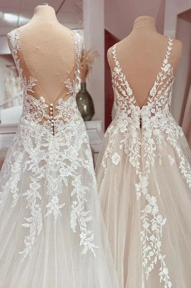 Charming Long A-Line V-neck Appliques Lace Tulle Wedding Dress (ZD15204)