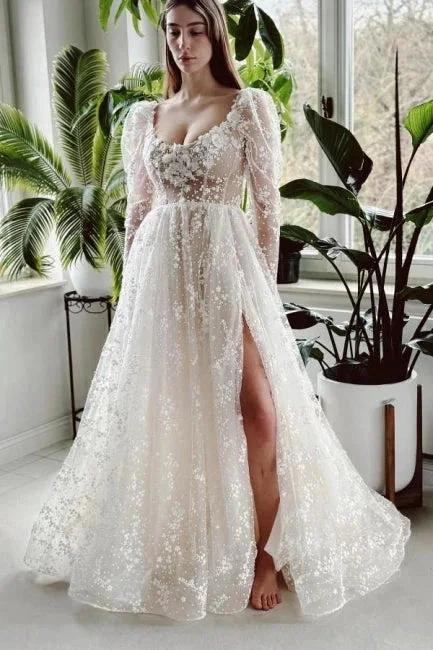 Charming Long Ivory A-line Long Sleeves Lace Wedding Dress With Slit (ZD15566)