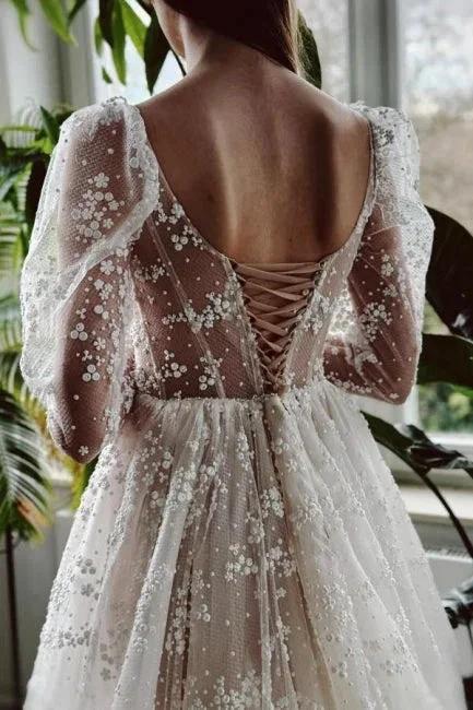 Charming Long Ivory A-line Long Sleeves Lace Wedding Dress With Slit (ZD15566) - View 4 | VelvetHem
