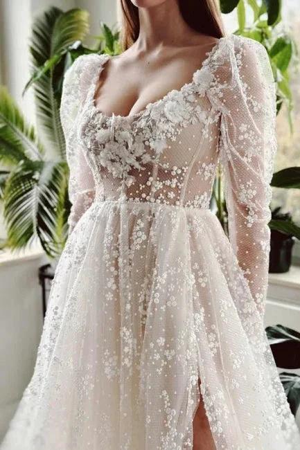 Charming Long Ivory A-line Long Sleeves Lace Wedding Dress With Slit (ZD15566)