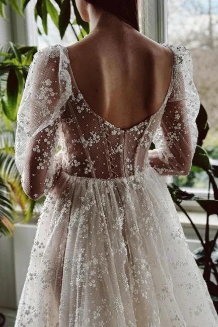 Charming Long Ivory A-line Long Sleeves Lace Wedding Dress With Slit (ZD15566)