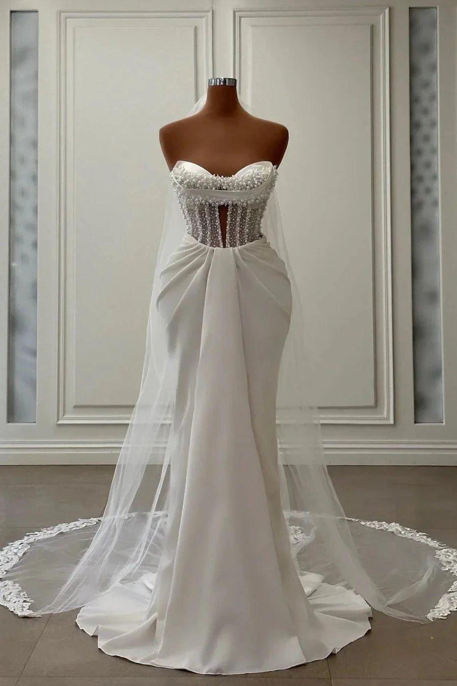 Charming Long Ivory Mermaid Sleeveless Satin Wedding Dress With Pearls (ZD15682)