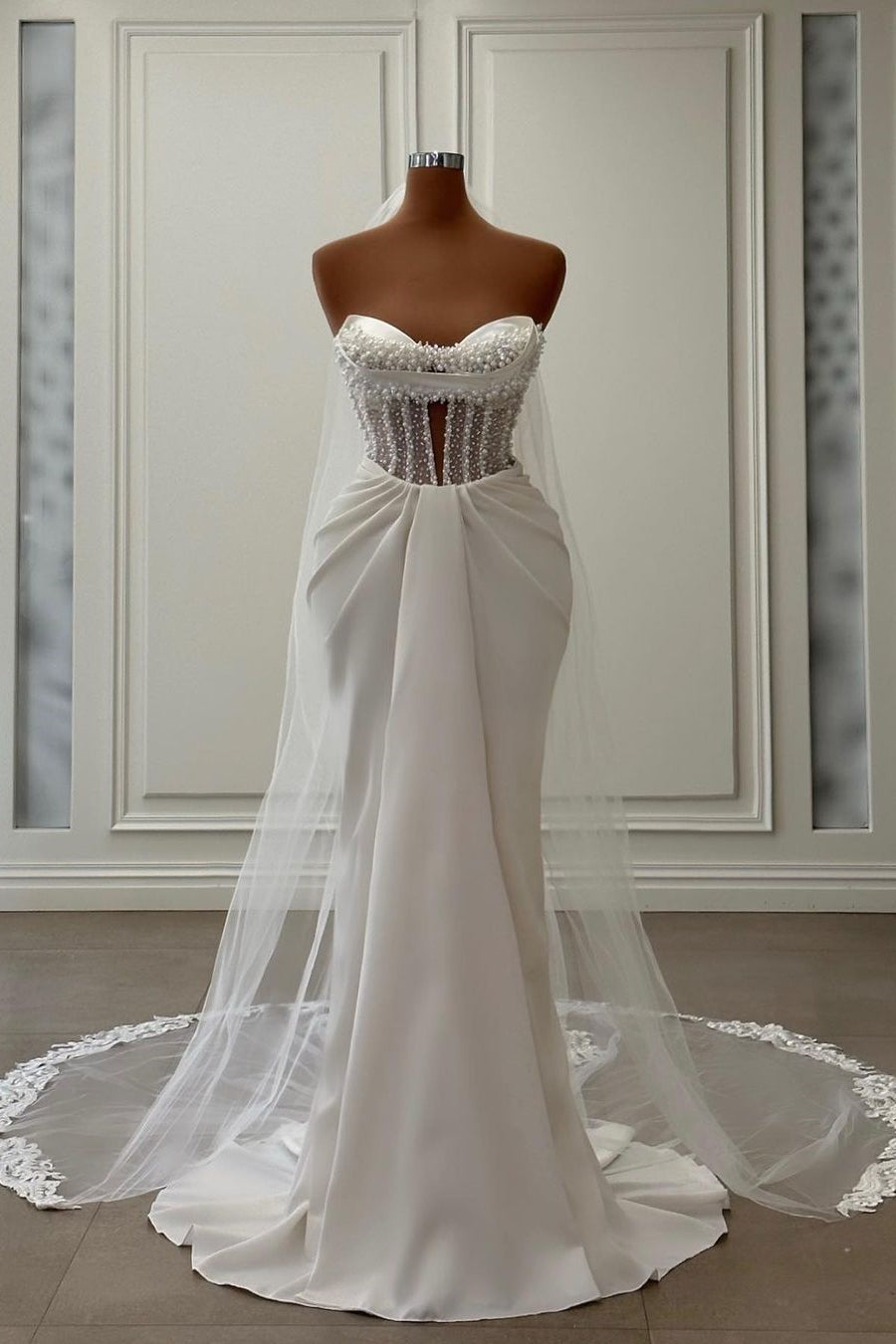 Elegant Long Ivory Mermaid Satin Wedding Dress Adorned With Pearls (ZD17481)
