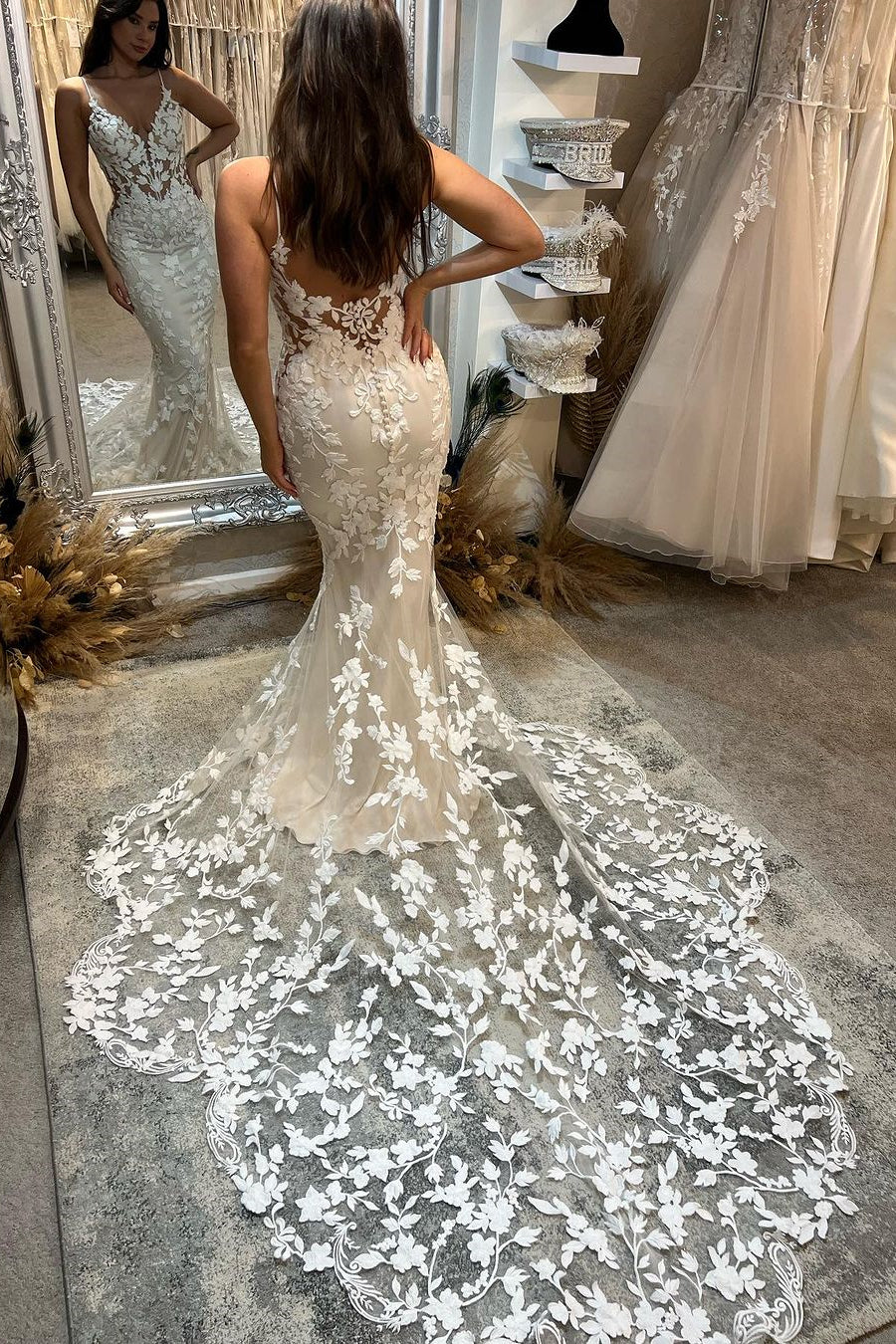 Charming Long Mermaid Spaghetti Strap Appliqué V-neck Wedding Dress With Train (ZD17466)