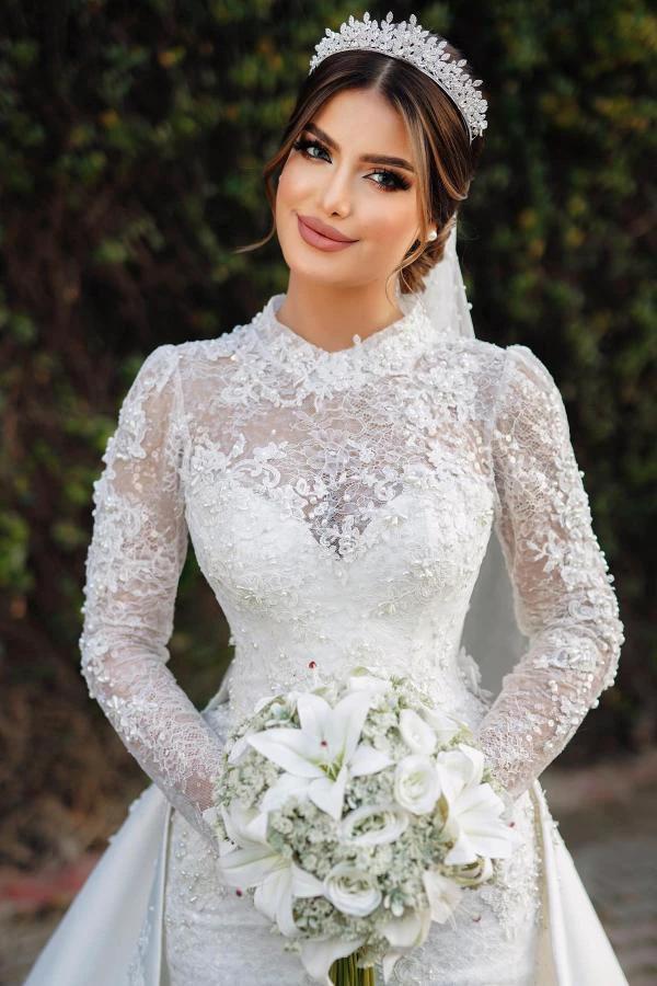 Charming Long Sleeves Mermaid High Neck Satin Lace Wedding Dress with Chapel Train (ZD16702) - View 3 | VelvetHem