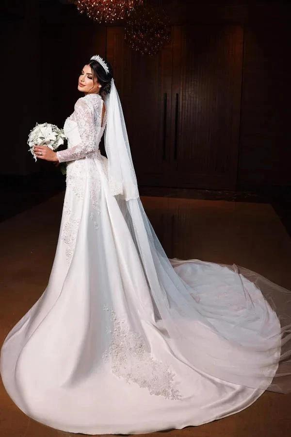 Charming Long Sleeves Mermaid High Neck Satin Lace Wedding Dress with Chapel Train (ZD16702) - View 5 | VelvetHem