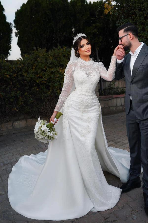 Charming Long Sleeves Mermaid High Neck Satin Lace Wedding Dress with Chapel Train (ZD16702)