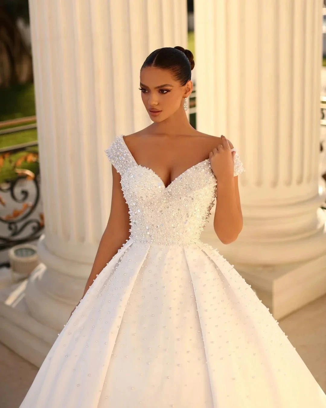 Charming Long White Off-the-shoulder A-line Sequined Wedding Dress With Pearls (ZD15653)