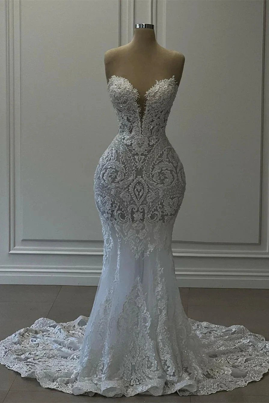 Charming Long White Sweetheart Mermaid Lace Sleeveless Wedding Dress (ZD15680)