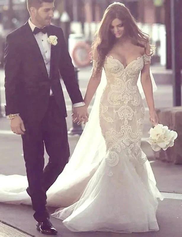 Charming Mermaid Style Off-the-Shoulder Sweep Train Lace Elegant Wedding Dresses (ZD16583)