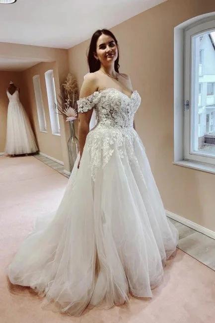 Charming Off the Shoulder Strapless A-Line Lace Tulle Wedding Dress (ZD14892)