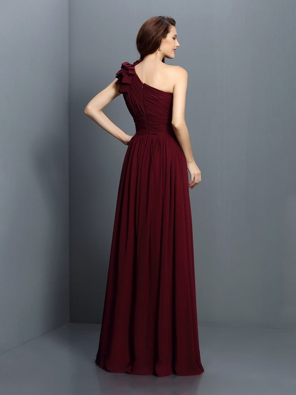 Charming One Shoulder Pleats Sleeveless Long Chiffon Bridesmaid Dresses