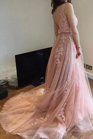 Charming Pink Lace Tulle Open Back Little Train Wedding Dresses (ZD15479)