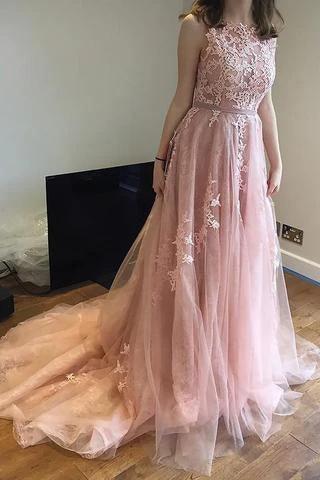 Charming Pink Lace Tulle Open Back Little Train Wedding Dresses (ZD15479)