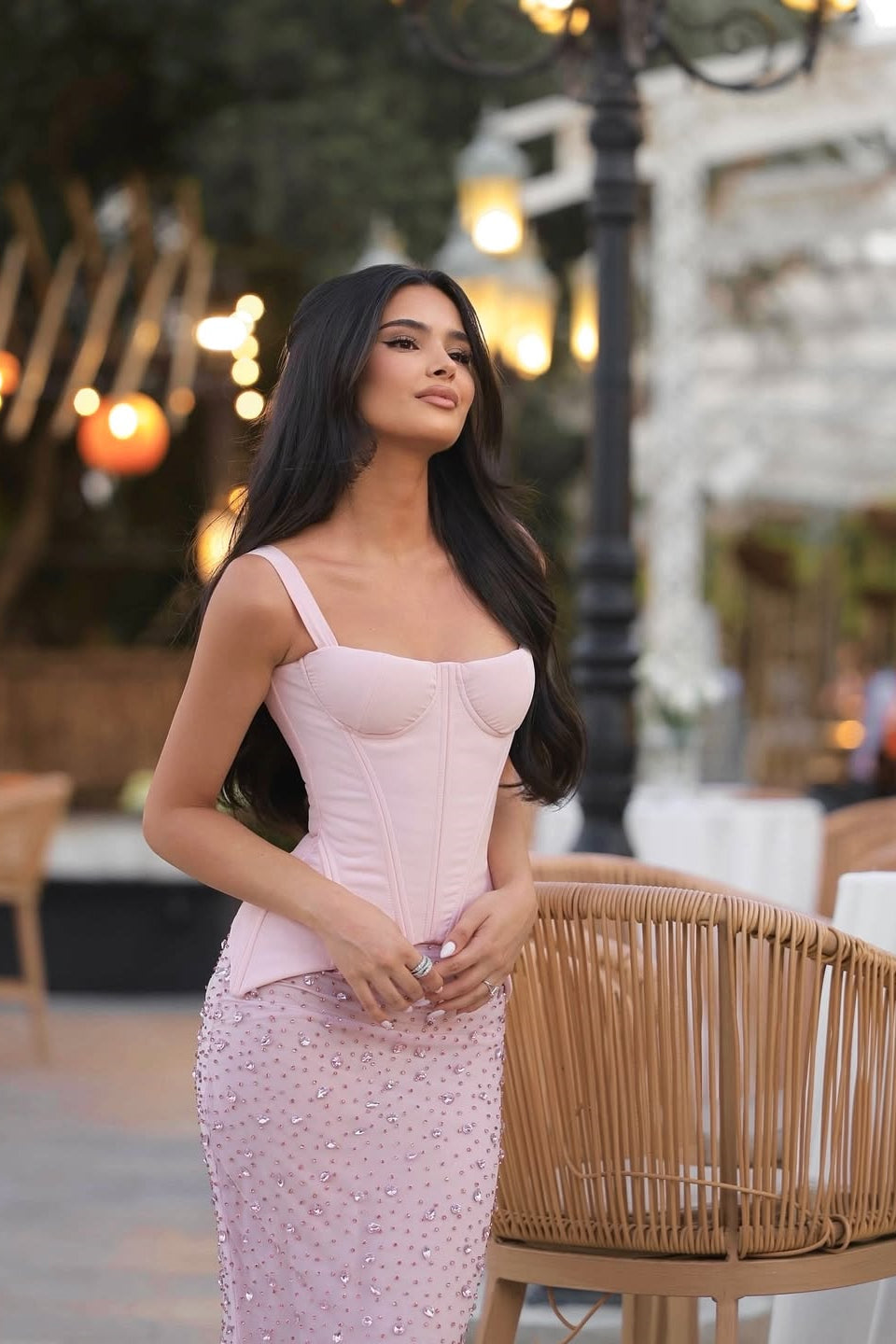 Charming Pink Straps Sleeveless Prom Dresses Sheath Gem Two-Piece Set